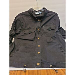 Liz & Me Utility Jacket Womens 1X 18/20 Black Excellent Ruched Drawstring Cotton
